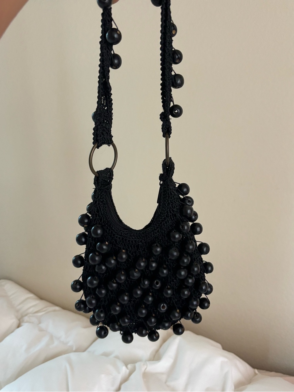 vintage Handmade Black Beaded Crochet Shoulder Bag